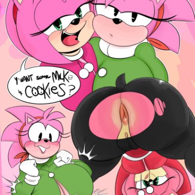 !, ?, accessory, amy rose, anthro, anus, ass, bedroom eyes, bent over, big ass, big breasts, big butt, blush, bodily fluids, breast play