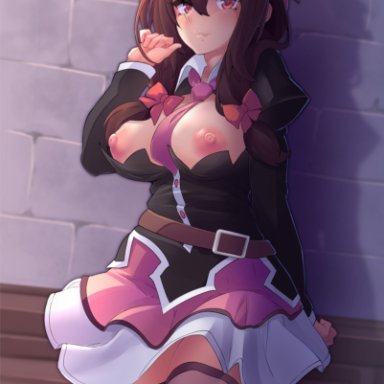 bangs, belt, between breasts, black shirt, blush, braid, breasts, breasts apart, breasts outside, brown hair, brown legwear, crown braid, female, hair ornament, hair ribbon