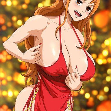 1girls, big breasts, breasts, dress, female, huge breasts, krabby (artist), large breasts, long hair, nami, nipple bulge, one piece, orange eyes, orange hair, solo