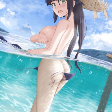 ass, breasts, female, female only, genshin impact, jmc, mona (genshin impact), naked, nude, outdoors, outside, solo, straw hat, tagme, water