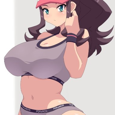 1girls, 2021, alternate breast size, belly button, blue eyes, blush, breasts, brown hair, cleavage, female, female only, grey clothing, hat, hilda (pokemon), hips