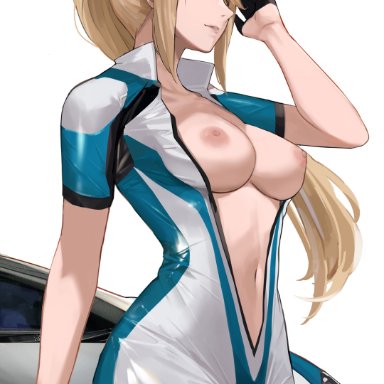 1girl, 1girls, blonde hair, breasts, green eyes, j@ck, long hair, looking away, metroid, open clothes, ponytail, samus aran, sitting, solo