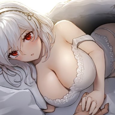 azur lane, breasts, female, female focus, holding hand, light-skinned female, looking at viewer, red eyes, short hair, sirius (azur lane), thighs, white hair, wholesome