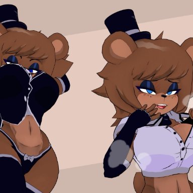 armwear, bear ears, big breasts, black legwear, black panties, blue eyes, brown body, brown hair, cally3d, five nights at freddy's, freddy (fnaf), fredina's nightclub, hat, lipstick, tagme