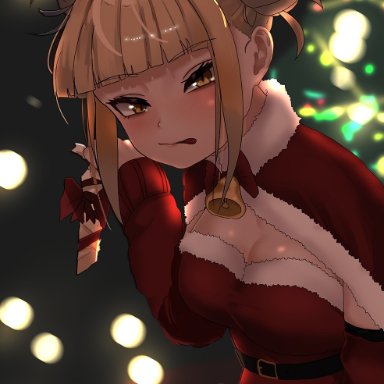 1girls, alternate costume, bangs, bell, blonde hair, blunt bangs, blush, breasts, candy, candy cane, capelet, christmas, cleavage, detached sleeves, double bun