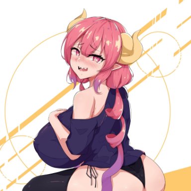 1girls, ass, b1ackgoldsaw, big ass, big breasts, blush, breasts, eye contact, female, horns, huge breasts, ilulu (dragon maid), large breasts, looking at viewer, miss kobayashi's dragon maid