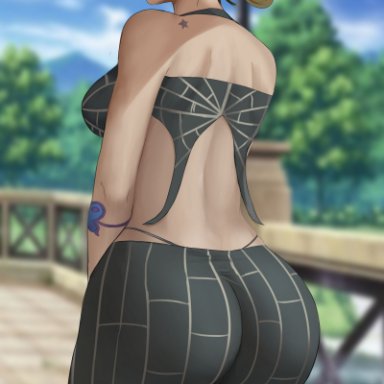 1girls, 2021, artist name, ass, big ass, big butt, braided hair, breasts, digital media (artwork), green eyes, jojo's bizarre adventure, jolyne kujo, lipstick, looking back, medium hair