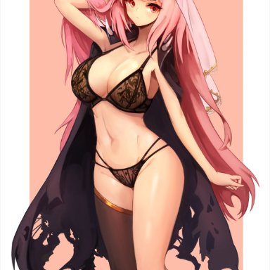 1girls, 2021, bangs, black bra, black cape, black cloak, black panties, blush, bra, breasts, cape, cleavage, cloak, closed mouth, feet out of frame