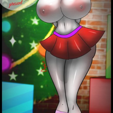 baby, baby (fnafsl), christmas, circus baby, circus baby (fnaf), dialogue, exposed breasts, five nights at freddy's, five nights in anime, flophit, fnia, gift, huge breasts, kneehighs, legwear