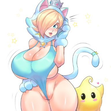 1girls, blonde hair, blue eyes, breasts, cameltoe, cat paws, cat rosalina, eye contact, female, huge breasts, looking at viewer, luma, mario (series), nintendo, pinkkoffin