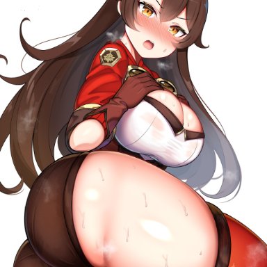 1girls, alternate version available, amber (genshin impact), ass, big ass, big breasts, blush, breasts, brown hair, eye contact, female, genshin impact, hair ribbon, holybreen, jakko