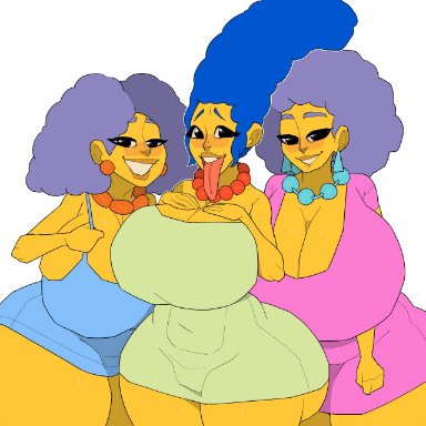 3girls, ass, bedroom eyes, big ass, big breasts, blue hair, breasts, cleavage, fat ass, female female only, female focus, giant breasts, grey hair, huge ass, huge breasts