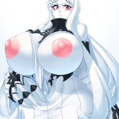 kantai collection, seaport hime, big boobs, boobs, red eyes, horns, claws, revealing clothes, white hair, 1girls