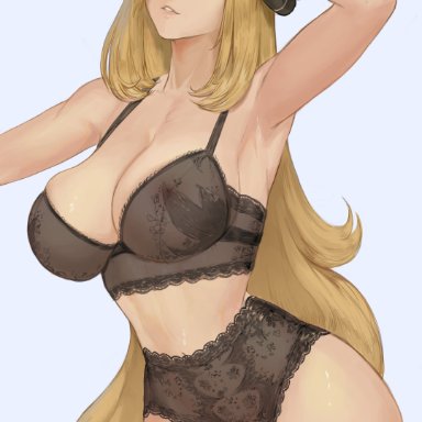 1girls, 2021, alternate version available, armpits, black bra, black panties, blonde hair, blue eyes, bra, breasts, cleavage, curvy, cynthia (pokemon), female, female focus