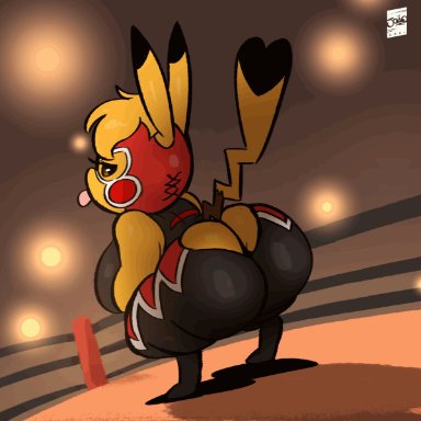 animated, animated gif, anthro, anus, anus peek, ass, ass focus, big ass, big breasts, bouncing ass, breasts, clothing, cosplay pikachu, female, female only