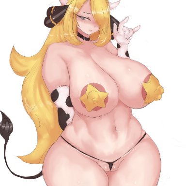 1girls, big breasts, blonde hair, breasts, covered nipples, cow bikini, cow ears, cow horns, cow print, cynthia (pokemon), erect nipples, erect nipples under clothes, female, girlsay, hair ornament