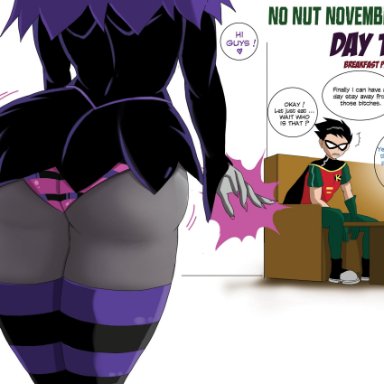 1girl, 2boys, cyborg (dc), dat ass, dc, dc comics, dialogue, dick grayson, female, grey body, grey skin, hips, jinx (dc), legs, no nut november