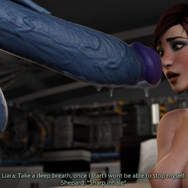 3d, 3d (artwork), banap, big balls, big penis, blender, blender (software), blue skin, comic, comic page, commander shepard, dialogue, english text, femshep, futanari