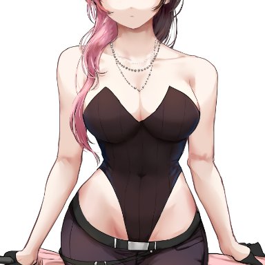 1girls, bare shoulders, bead necklace, big breasts, black eyes, black gloves, black hair, black leotard, black pants, breasts, busty, child bearing hips, cleavage, commentary, covered navel