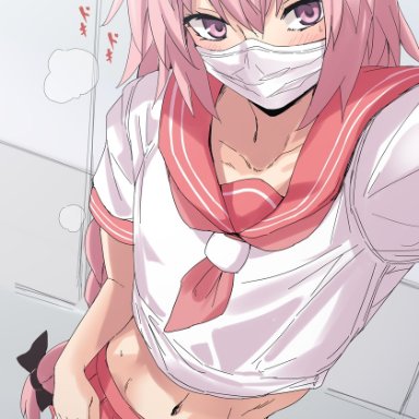 1boy, astolfo (fate), bangs, bar censor, blush, bow, braid, braided ponytail, censored, crop top, fate/apocrypha, fate/grand order, fate (series), femboy, gachou