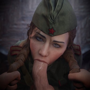 3d, :>=, background, balls, blowjob, blowjob face, braided hair, brown hair, call of duty, call of duty vanguard, clothed, clothed female, clothing, duo, eye contact