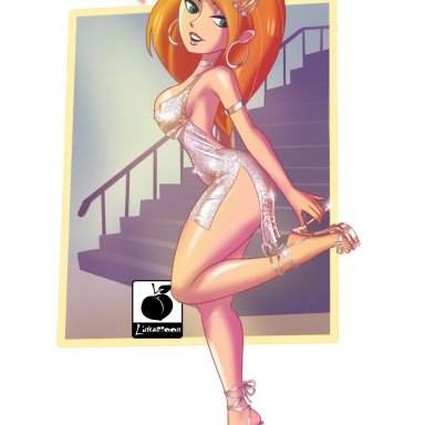 1girls, blue eyes, disney, disney channel, female, female focus, female only, ginger hair, high heels, kim possible, kimberly ann possible, linkartoon, looking at viewer, orange hair, simple background