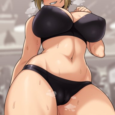 1girls, 2021, alternate breast size, alternate version available, artist signature, black clothing, black panties, blonde hair, breasts, cameltoe, female, female only, hi res, himiko toga, hips