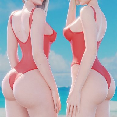 ashe (overwatch), beach, blonde hair, exposed ass, leotard, lifeguard, lifeguard mercy, looking at viewer, lowres, mercy, one-piece swimsuit, overwatch, rapid banana, translucent clothing