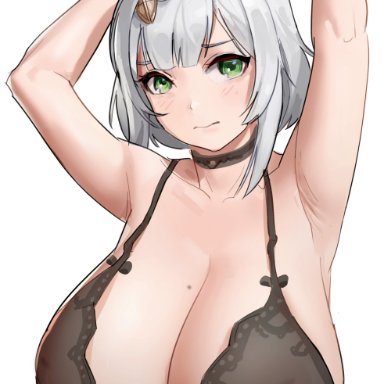 absurdres, alternate breast size, armpits, arms up, babydoll, bangs, black babydoll, black choker, blush, braid, breasts, choker, closed mouth, collarbone, commentary