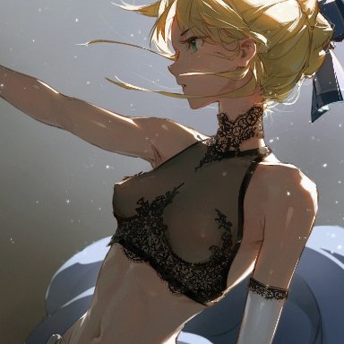 1girls, alternative costume, areolae, artoria pendragon, bare shoulders, blonde hair, blue eyes, bra, braid, breasts, clothing, dinoartforame, elbow gloves, erect nipples, erect nipples under clothes