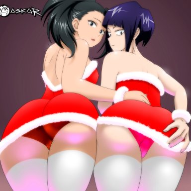 big ass, big butt, christmas, christmas outfit, drakonaskar, jirou, kyoka jiro, minidress, miniskirt, momo yaoyorozu, my hero academia, pantyhose, patreon, upskirt, yuri