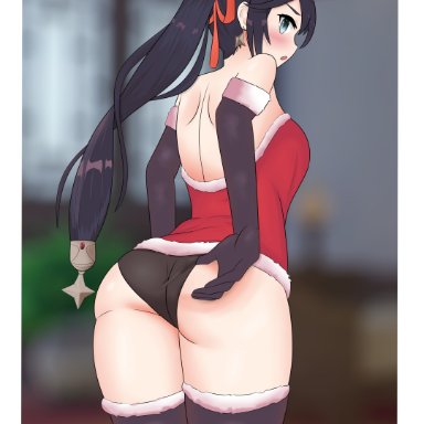 alternate costume, ass, black hair, blue eyes, blurry background, blushing, christmas, christmas clothing, christmas hat, christmas headwear, christmas outfit, clothed, clothing, enderg, fair skin