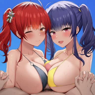 1boy, 2girls, :d, ;), absurdres, ahoge, ariatorai, azur lane, bangs, bikini, black bikini, blue hair, blush, breast press, breasts