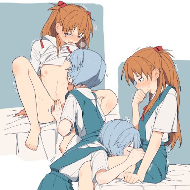 2girls, asuka langley sohryu, barefoot, blue background, blue eyes, blue hair, blush, bottomless, breast sucking, breasts, clothes lift, coldcat., cunnilingus, feet, fingering