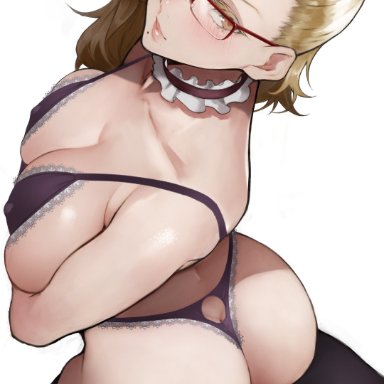 1girls, absurdres, ass, back, ballroom e youkoso, bangs, bare shoulders, black bra, black legwear, black panties, blonde hair, blush, bra, breasts, cleavage