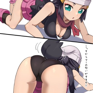 2girls, all fours, ass, big ass, big butt, blue eyes, blue hair, blush, breasts, dawn (pokemon), female, female only, hat, irokohaku, long hair