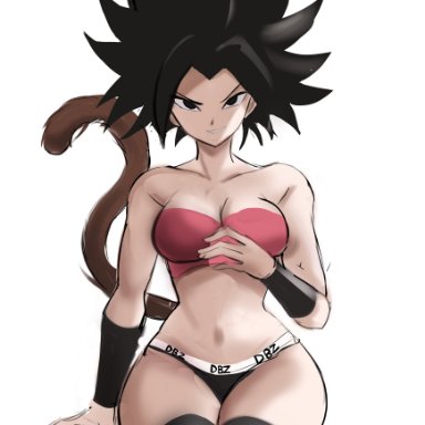 1girls, black hair, bra, breasts, caulifla, dragon ball, dragon ball super, eye contact, female, looking at viewer, panties, rakeemspoon, saiyan, sitting, solo