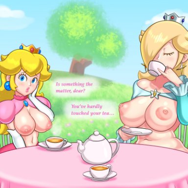 2girls, areolae, big breasts, breasts, dialogue, english text, female, female focus, female only, large breasts, mario (series), nintendo, nipples, princess peach, princess rosalina