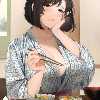 1girls, bangs, black eyes, black hair, blush, bowl, breasts, chopsticks, cleavage, closed mouth, eating, female, fish, food, hand on own cheek