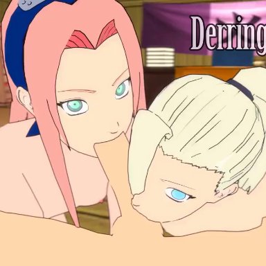 1boy, 2girls, 3d, animated, collaborative fellatio, derringersfm, erection, fellatio, female, ino yamanaka, looking at viewer, male, naruto, naruto (series), no sound