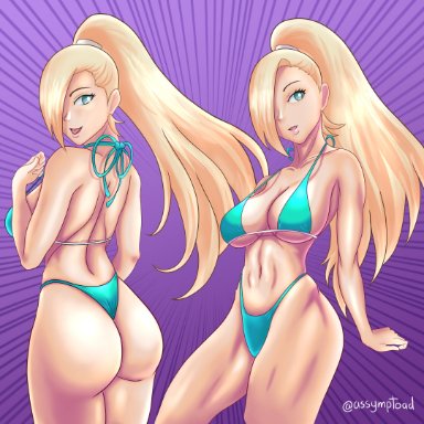 1girl, absurdres, ass, ass focus, assymptoad, back view, bare legs, bare shoulders, belly, big ass, bikini, blonde hair, blue eyes, boruto: naruto next generations, breasts