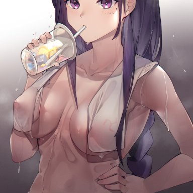 absurdres, bangs, braid, breasts, covered erect nipples, cup, disposable cup, drinking, drinking straw, female, female, genshin impact, hand on hip, highres, holding