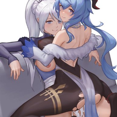 2girls, ass, bare shoulders, black bodysuit, black gloves, blue eyes, blue hair, blush, bodysuit, breasts, closed mouth, clothed sex, commentary, commission, crossover