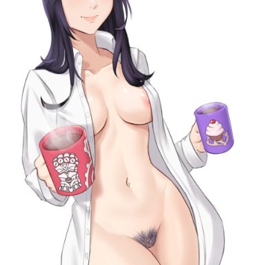 1girls, areolae, big breasts, blue eyes, bottomless, breasts, caitlyn, coffee, coffee cup, eerisyn, eye contact, female, happy female, league of legends, looking at viewer