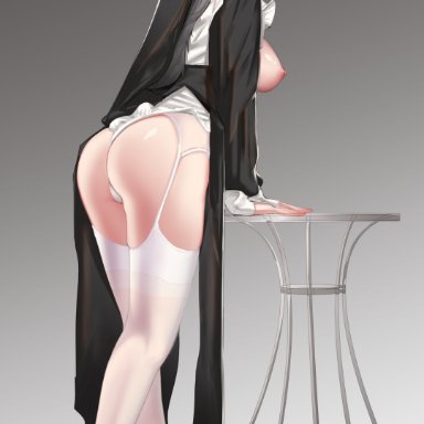 1girls, areolae, arknights, artist request, ass, big ass, big breasts, black clothing, blush, breasts, breasts outside, dress, exposed breasts, eyelashes, female