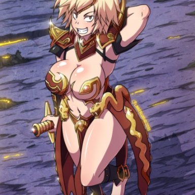 1girls, armor, big breasts, cleavage, cosplay, curvy, curvy figure, feet, female, huge breasts, legs, linkerluis, milf, mitsuki bakugou, morathi