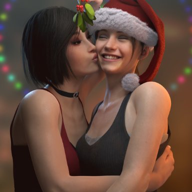 2girls, 3d, 4k, ada wong, asian female, batesz, blender, capcom, christmas, claire redfield, clothed, kissing, light-skinned female, mistletoe, resident evil