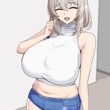 1girls, 2021, alternate version available, blush, breasts, clothed, clothed female, drogod (artist), female, grey hair, hips, huge breasts, looking at viewer, mature female, milf