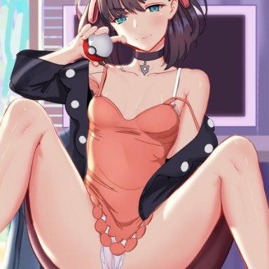 1girls, ahnei, asymmetrical bangs, bangs, black choker, black hair, black jacket, blinds, blush, bra, bra peek, breasts, chair, choker, closed mouth