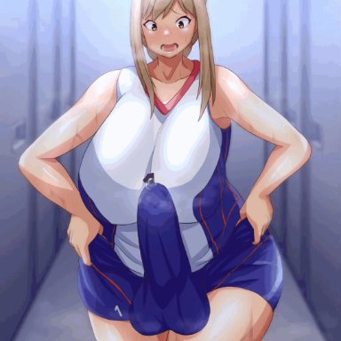 1futa, ahe gao, animated, animated gif, areola, areola bulge, autopaizuri, balls, big breasts, blush, breasts, busty, climax, cum, cum between breasts